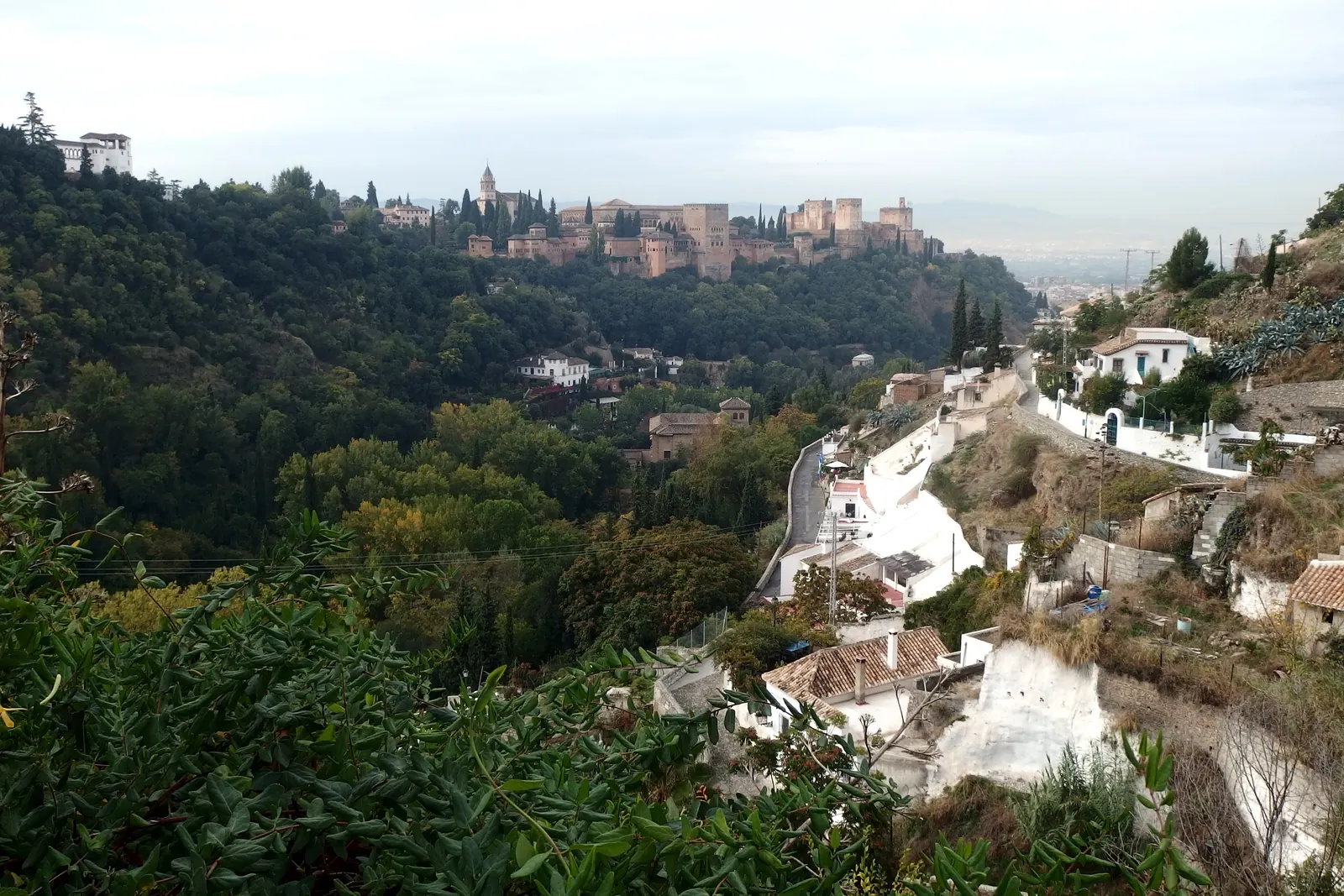 The Alhambra on its hill across the valley, with Sacromonte cave homes in the foreground